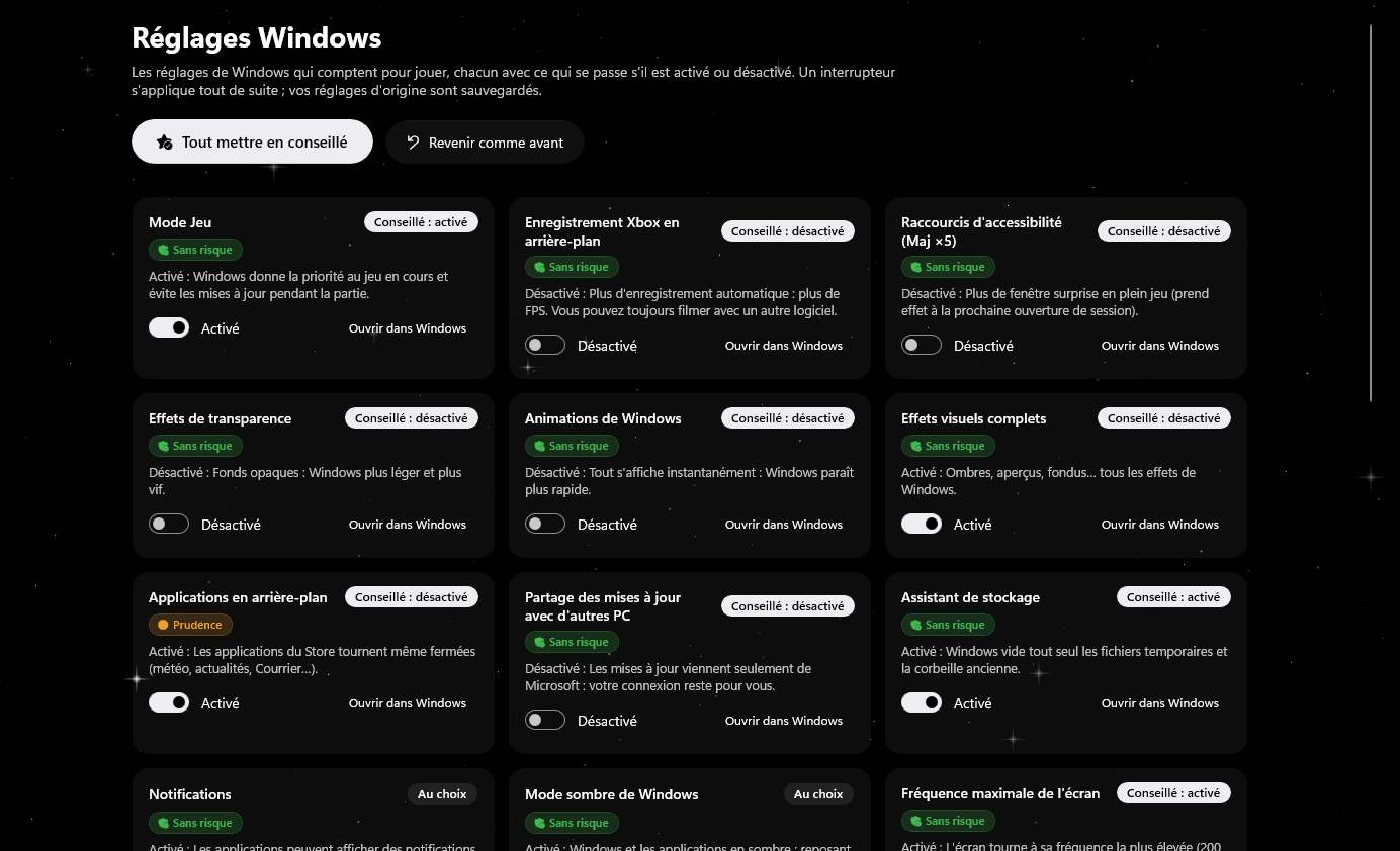 Réglages Windows dans STRYXTUNE